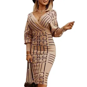 eBay欧美跨界流行女装条纹中长v领长袖高腰连衣裙