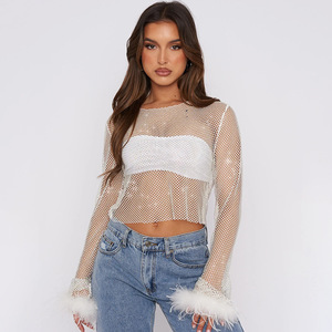 Camiseta de malla para mujer, manga larga, cuello redondo, top corto con pedrería, color sólido, top de punto transpirable para la moda de verano - Product Image 3