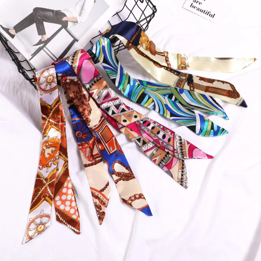 여성을위한 새로운 인쇄 꽃 작은 스카프 핸들 가방 리본 브랜드 패션 헤드 스카프 작은 긴 스키니 스카프