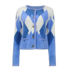 OEM/ODM Fashion Vintage Jacquard Fleece Ladies Cardigan sweater O Neck womans knit sweater Cardigan Sweater For Women