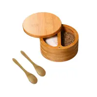 Scatola portaoggetti rotonda ecologica in bambù personalizzata per condimenti al sale con coperchio magnetico girevole e cucchiaio