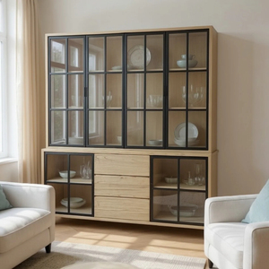 Buffet et hutch, 3 tiroirs, 6 portes vitrées, teck recyclé |   Vitrine en verre pour curiosités |   Étagère, vitrines et présentoirs pour loisirs créatifs - Product Image 3