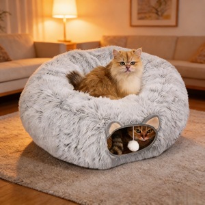 Gray Plush Cat <b>Bed</b> Round 85x85x26cm Faux Fur Warm Pet <b>Bed</b> For Cats All Season Use - Product Image 2