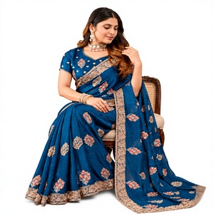 Vexotrend India Pakistan Premium <b>Velvet</b> Satin Traditional Customization <b>Saree</b> Women Embroidery Swarovski Jarkan Wrinkle-Free - Product Image 1