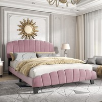 Cadre de lit en velours noir à prix d'usine avec tête de lit incurvée en tissu moelleux pour un intérieur de chambre principale moderne et luxueux