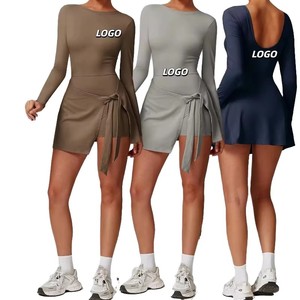 Op maat gemaakte LOGO Nieuwe Mode Dames Bandage U-rug Tennis Jumpsuits Lange Mouwen Gym Sportkleding Tie Yoga Padel Jurk - Product Image 1