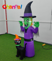 Sorcière gonflable d'Halloween avec chat noir, robe violette gonflable, chapeau de sorcière, lumière LED, décoration de jardin d'Halloween