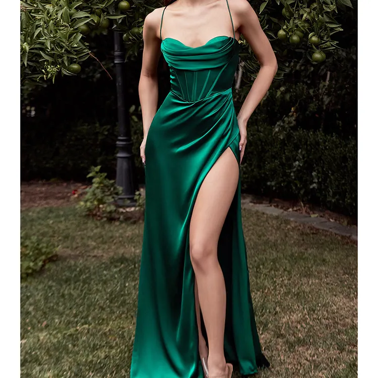 स्लीवलेस ब्लैक क्रिस्टलीकृत कॉर्सेट हाई स्लेट ड्रेस सेक्सी लंबे सैटिन मैक्सी शाम पोशाक महिला शाम पोशाक पोशाक पोशाक सुंदर