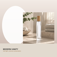 Flacon de parfum rond en verre transparent personnalisé de 100 ml, pulvérisateur à vis XB150, bouchon en bambou, emballage de parfum de luxe rechargeable, logo OEM