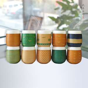 Bamboo Woven Porcelain <b>Teacup</b> Traditional Chinese Style Round Cup For Travel And Gift ZB 014 - Product Image 1