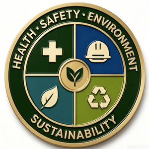 Insignia de Seguridad en la Salud, el Medio Ambiente y la Sustentabilidad, Emblema Circular de Metal Chapado en Oro con Esmalte Duro, Tema de Protección Ambiental - Product Image 1