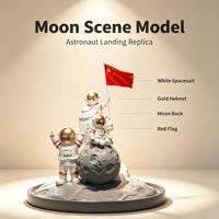 Maquette d'atterrissage lunaire d'astronaute avec combinaison spatiale blanche, casque doré, roche lunaire, drapeau rouge et base de scène