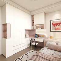 Ensemble de meubles de chambre d'enfant Balom moderne rose et blanc avec armoire intégrée et bureau en forme de L pour filles, rangement pour chambre d'enfant