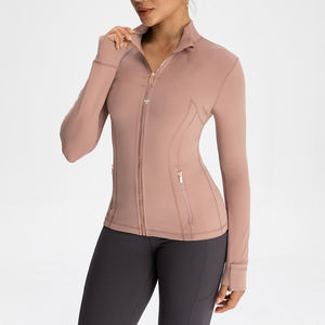 Jaket Yoga ritsleting emas wanita, jaket olahraga Fitness Gym bernapas cepat kering ritsleting emas spandeks kerah berdiri pas badan - Product Image 1