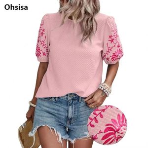 2025 mujeres verano bordado Tops camisas de manga corta resistente Camiseta cuello redondo estilo europeo mujer camisa Casual - Product Image 2
