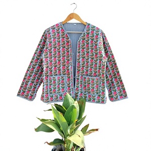 Indian Hand Block Print <b>Quilted</b> Women's Reversible <b>Jacket</b> All-Season Floral <b>Pattern</b> Breathable Cotton Outerwear Coat Jersey - Product Image 1