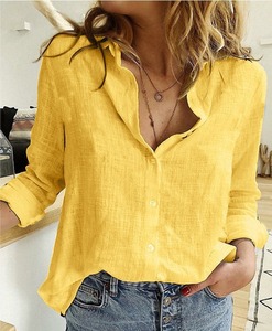 Camisa de Lino y Algodón Entallada para Mujer, Cuello en V, Manga Larga Enrollable, Color Sólido, Botones, Estilo Casual, Top Corto para Otoño 2025, Venta al Por Mayor - Product Image 4