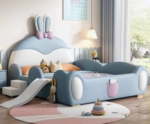 Camas Infantiles Modernas con Barandilla en Forma de Conejo, Cabecera Tapizada, Muebles para Dormitorio Infantil con Escaleras y Tobogán, Camas Completas para Niños - Product Image 4