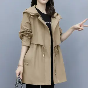 Gabardina de longitud media para mujer de primavera y otoño 2024, chaquetas con lazo y cremallera de otoño, abrigos sueltos de estilo británico, ropa de mujer