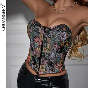 Women Mesh Floral Bustier Boned Corset Crop Top Lace Party