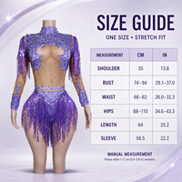 Combinaison en strass violets, maille nude, franges métalliques, col roulé, manches longues, costume de danse latine, drag, gogo, scène
