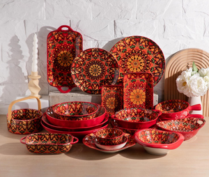 Bohemian Red Mandala Floral Ceramic Dinnerware <b>Set</b>, Customizable Plates Bowls <b>Bakeware</b> for Wholesale - Product Image 1