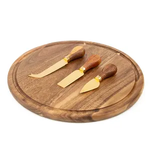 Tabla de cortar de madera redonda personalizada para quesos, tabla de charcutería de madera de acacia con juego de 3 cuchillos