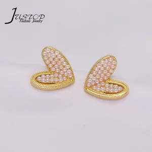 Korea Style Real Gold Plated Pearl Stud Heart Earrings For Women Accessories