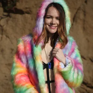 Faux fur coat The new colorful women's long hooded fuzzy soft fur