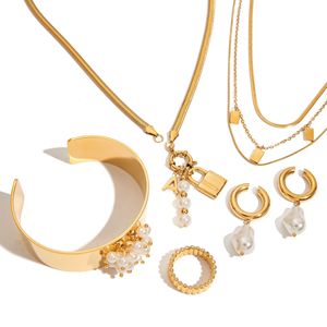 Fashion Jewelry <b>Set</b> For Women Stainless Steel Pearl Lock Design Party Elegant Necklace <b>Bracelet</b> Earrings Ring <b>Set</b> - Product Image 1