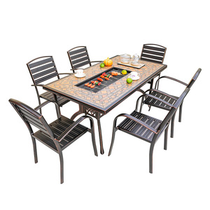 Outdoor Garden Set Cast <b>Aluminum</b> <b>Table</b> With Grill 6 Seating Waterproof Courtyard Patio Furniture - Product Image 1