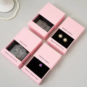 pink paper boxes earrings ring jewelry drawer box with transparent pe film case