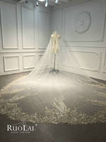 Voile de mariée de luxe Ruolai VW0050 à un niveau en tulle ivoire avec dentelle perlée or champagne et perles de cristal