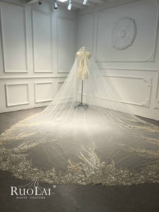 Voile de mariée de luxe Ruolai VW0050 à un niveau en tulle ivoire avec dentelle perlée <span class=keywords><strong>or</strong></span> champagne et perles de cristal - Product Image 3