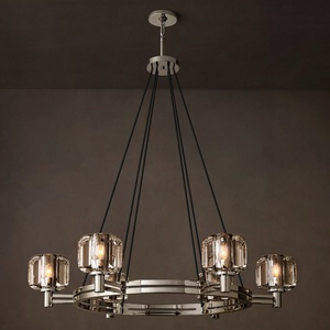 Lustre rond en nickel poli avec abat-jour en verre de 36 pouces, style moderne et transitoire, idéal pour salon, villa, salle à manger, plafond haut - Product Image 2
