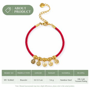 <b>Red</b> Cord Bracelet with Gold <b>Tone</b> Charms Stainless Steel 24K Gold Vacuum Plating - Product Image 5