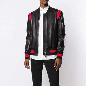 Blouson aviateur en cuir noir pour homme avec accents rouges, fermeture éclair, col montant, coupe ajustée, style moto, pour l'automne - Product Image 1