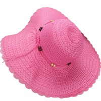Chapeau de soleil d'été en perles de bois et dentelle pour femmes Chapeau de paille souple à large bord pour la plage, coupe-vent pour l'extérieur, les voyages occasionnels.