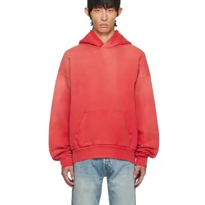 2023 New Hip Hop Subtle Distressing Clothes French Terry Kangaroo Pocket Hoodie Fading Throughout Red Hoodie for Men