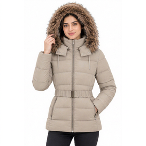 Abrigo Acolchado Grueso de Invierno para Mujer, Color Beige, Tejido de Poliéster, con Capucha de Piel Desmontable, Cinturón en la Cintura, Cierre de Cremallera - Product Image 1