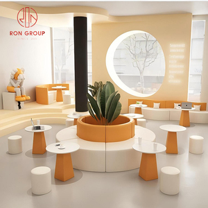 Cabina de sofá curvada de cuero <span class=keywords><strong>para</strong></span> muebles de cafetería comercial con mesa circular redonda de mármol <span class=keywords><strong>y</strong></span> par de <span class=keywords><strong>taburetes</strong></span> cilíndricos - Product Image 4