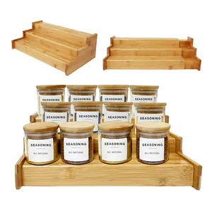 Kitchen Cabinet Drawer 3-tier Spice Rack Display Organizer Storage Saving Storage Rack Expandable Bamboo Wooden Spice Jar Rack