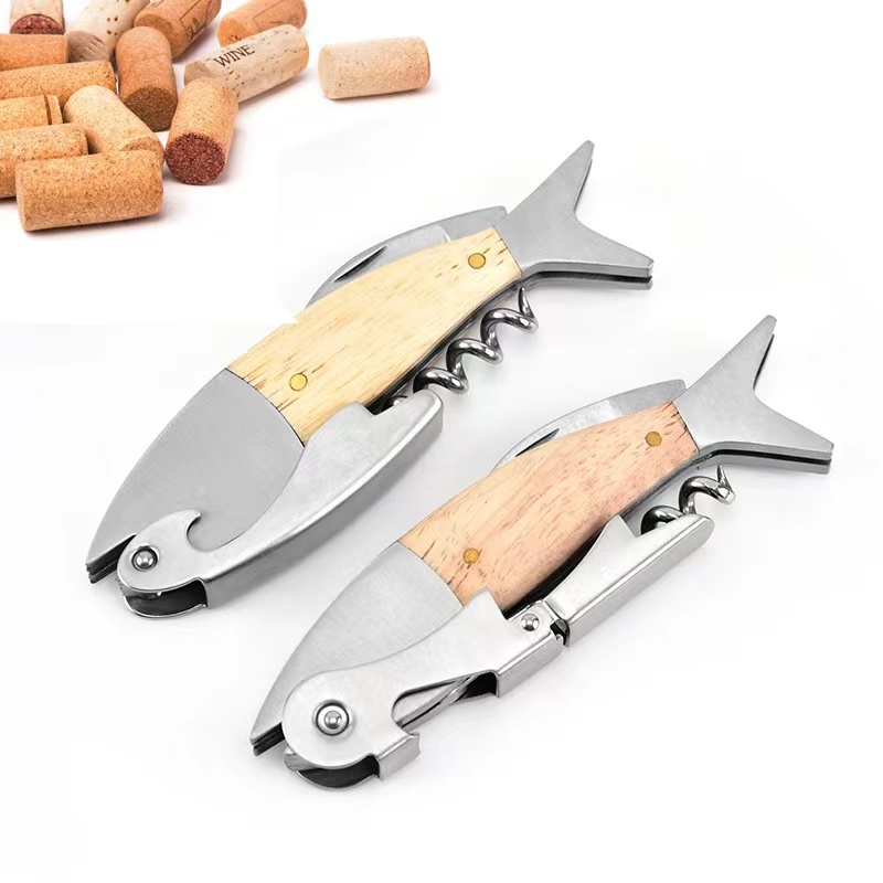 Fish Shape Wood and Stainless Steel Multi Function Kitchen Tool Red Wine Corkscrew Opener