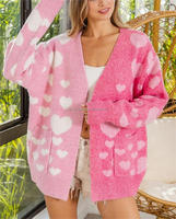 Cardigan à manches longues en tricot avec cœur pour la Saint-Valentin coupe ample rose coloré ouvert pull pour femmes avec poches
