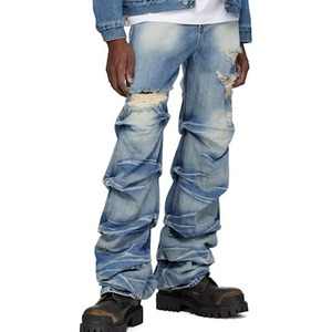 Jeans Personalizzati con Effetto Sbiadito, Strappati e Stile Street, Pantaloni in Denim Blu Stropicciati e Sovrapposti per Uomo - Product Image 4