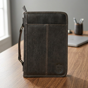 Funda de Biblia de Cuero con Diseño de Cruz Grabada, Color Marrón Oscuro, con Cierre de Cremallera - Product Image 3