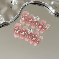 Uñas Postizas Hechas a Mano de Lujo con Lazo 3D, Efecto Ojo de Gato Mauve, Reutilizables, Largas, Forma Ataúd, con Puntas Adhesivas