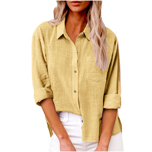Camicia Casual da Donna in Cotone a <span class=keywords><strong>Maniche</strong></span> <span class=keywords><strong>Lunghe</strong></span> con Tasche, Stile Primaverile, Tinta Unita, Collezione 2025 - Product Image 3