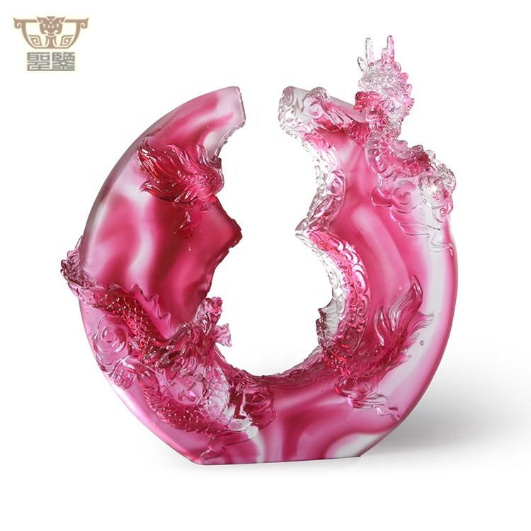 Exquisite Red Glass Double Dragon Figurine Statue Decorative Liuli Craft Chinese Zodiac Animal