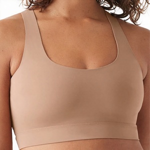 Women Seamless Racerback Sports <b>Bra</b> Medium Support Yoga Fitness Top Solid Beige Scoop Neck Spandex Polyester - Product Image 1